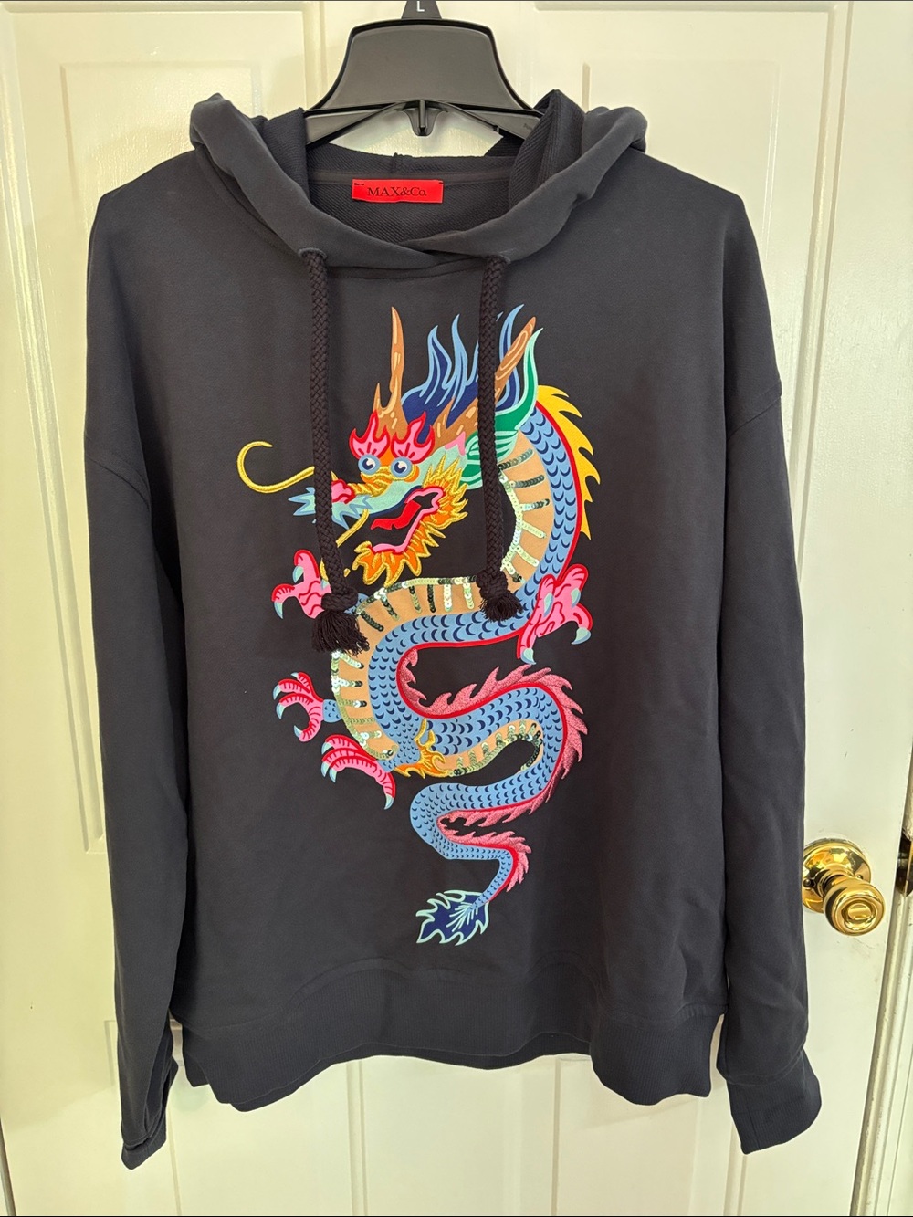 Max&Co Midnight Navy Asian Dragon Hoodie w/Embroidered & Puff Paint Details